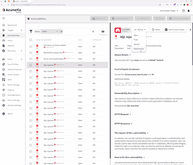 Карта конкретной уязвимости в разделе «Vulnerabilities» Acunetix Premium