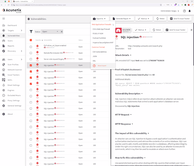 Опции экспорта уязвимостей в разделе «Vulnerabilities» Acunetix Premium