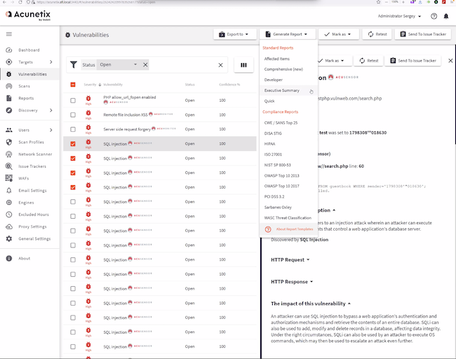 Экспорт отчёта об уязвимости в разделе «Vulnerabilities» Acunetix Premium