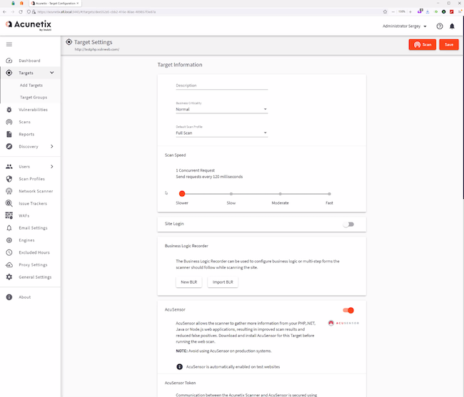 Настройка скорости сканирования в разделе «Targets» Acunetix Premium