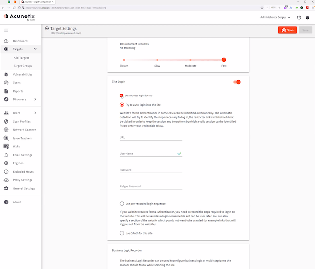 Настройки авторизации при сканировании в разделе «Targets» Acunetix Premium