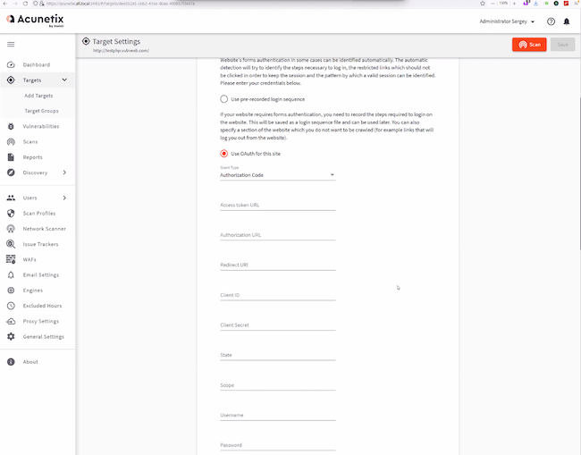Настройка входа в приложение через сторонний сервис в разделе «Targets» Acunetix Premium