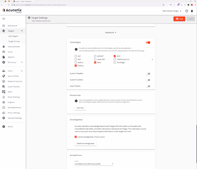 Расширенные настройки сканирования в разделе «Targets» Acunetix Premium