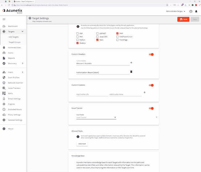 Настройки «Custom Headers», «Custom Cookies», «Issue Tracker» в разделе «Targets» Acunetix Premium