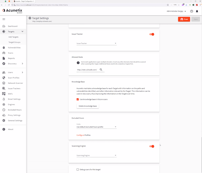 Настройки «Allowed Hosts», «Knowledge Base», «Excluded Hours» в разделе «Targets» Acunetix Premium