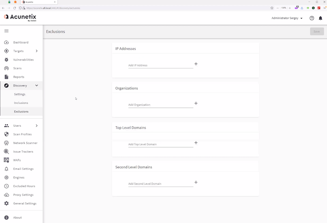 Ручное добавление и исключение доменов в разделе «Discovery» Acunetix Premium