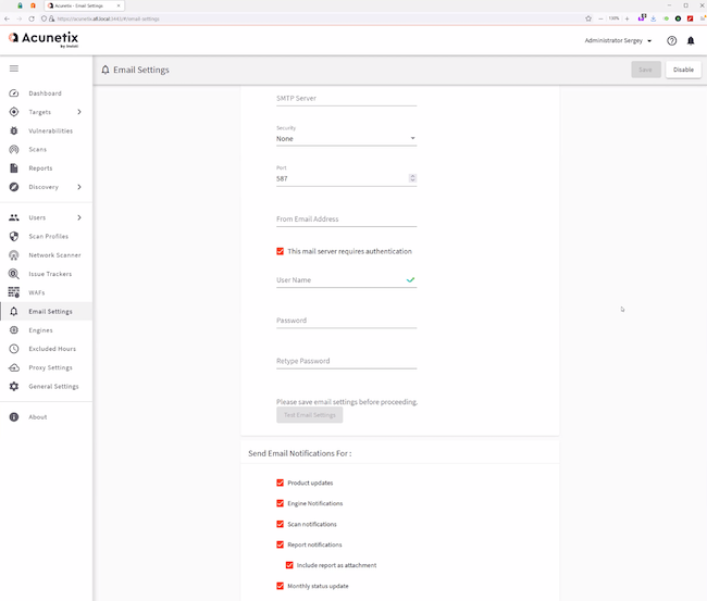 Раздел «Email Settings» в Acunetix Premium