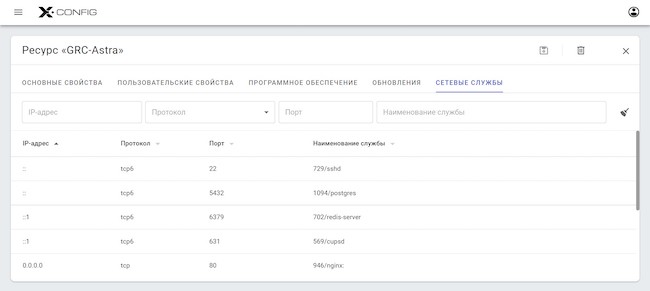 Карточка контролируемого средствами X-Config ресурса, вкладка «Сетевые службы»