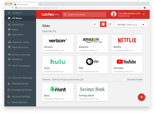 Интерфейс менеджера паролей LastPass