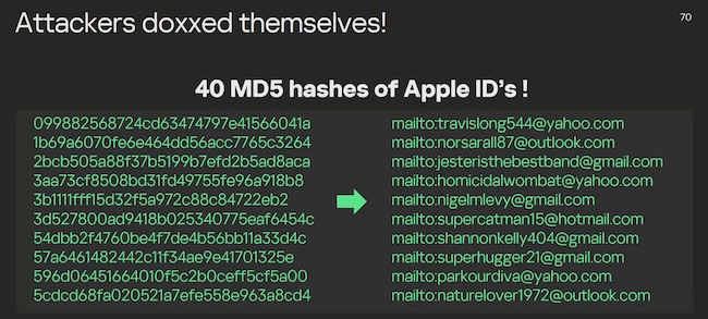 Apple ID злоумышленников, перехваченные исследователями Kaspersky