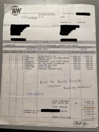 Товарный чек на новый компьютер в 1988 году