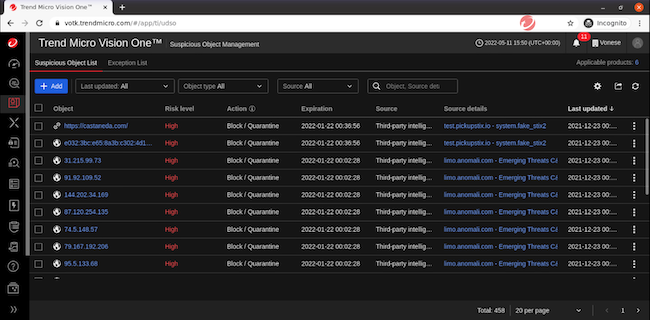 Работа со списком подозрительных объектов в Trend Micro Vision One