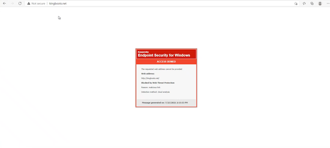 Сообщение в Kaspersky Endpoint Security для Windows о переходе на заражённый сайт