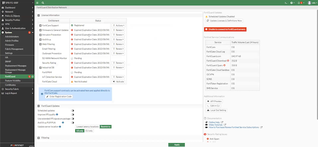 Лицензии и обновления в разделе «System» платформы FortiGate