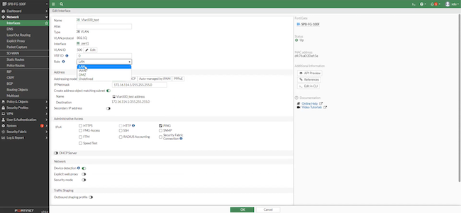 Настройка сетевого интерфейса «Vlan500_test» со стороны FortiGate