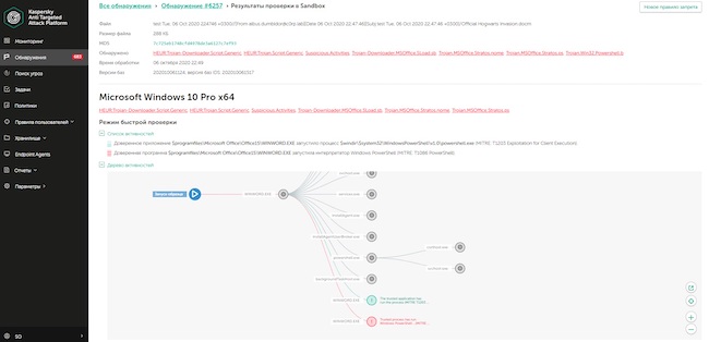 Результат проверки файла в песочнице Kaspersky EDR