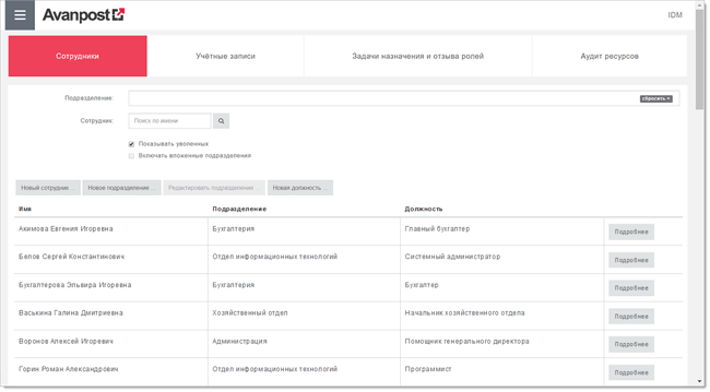 Главное окно консоли администратора IDM со списком сотрудников в Avanpost IDM