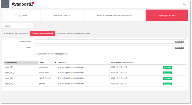 Просмотр перечня превышенных полномочий средствами Avanpost IDM