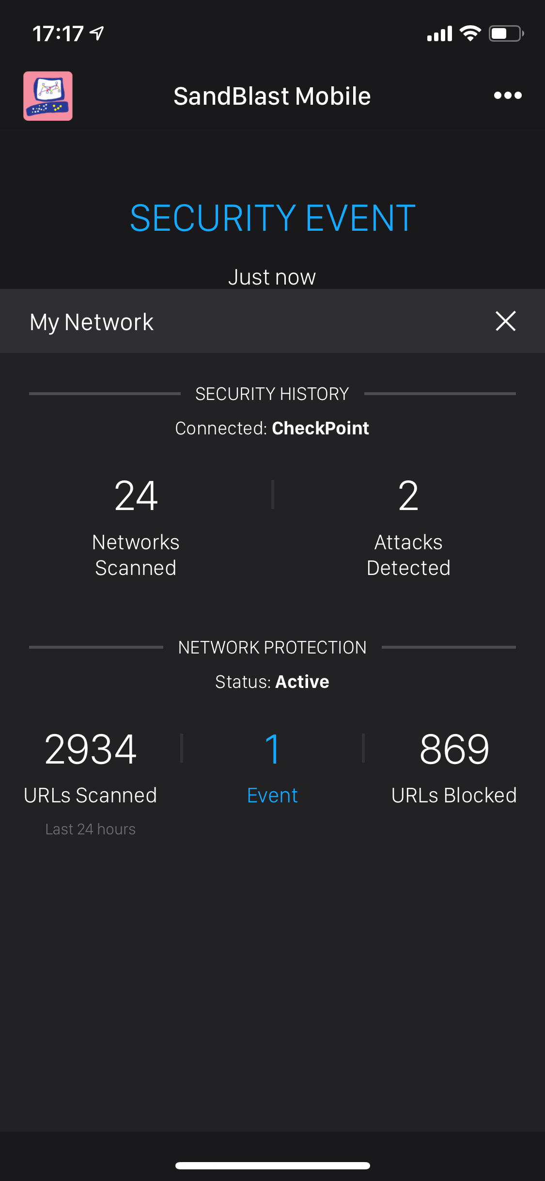 Рисунок 19. Пример отображения информации о событии безопасности в Check Point SandBlast Mobile на мобильном устройстве