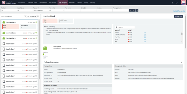 Пример отображения информации о приложениях в разделе App Analysis в Check Point SandBlast Mobile