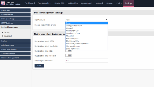 Настройка интеграции Check Point SandBlast Mobile с MDM в разделе Settings