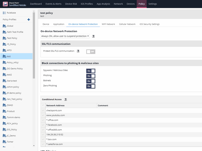 Создание политики профиля в разделе On-device Network Protection в Check Point SandBlast Mobile