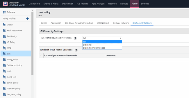 Создание политики профиля в разделе iOS Security Setting в Check Point SandBlast Mobile