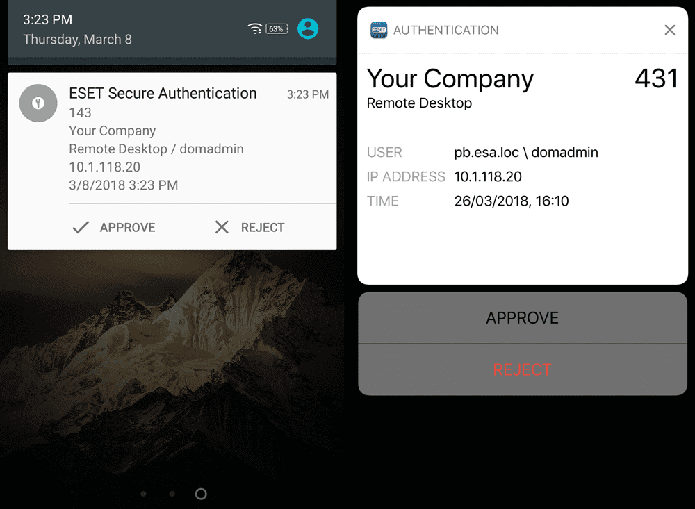 Пример push ‑сообщения, используемый для аутентификации пользователя на мобильном устройстве под управлением Android (слева) и iOS (справа)