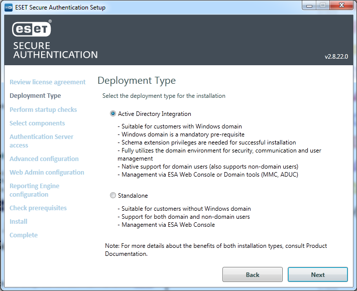 Окно выбора типа установки ESET Secure Authentication 2.8