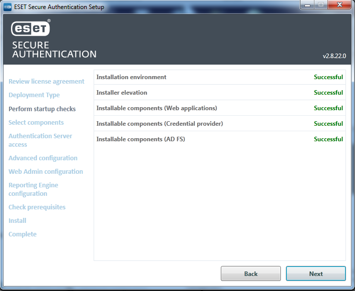 Проверка установленных компонентов при автономной инициализации ESET Secure Authentication 2.8