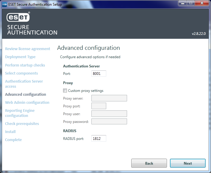 Окно с предварительными настройками сервера аутентификации и сервера защиты RADIUS в ESET Secure Authentication 2.8