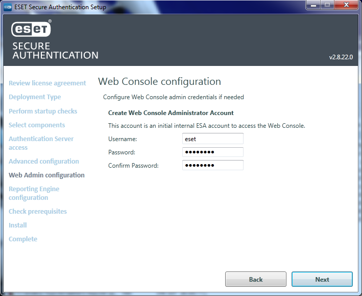 Окно ввода логина и пароля для защиты веб‑консоли администратора в ESET Secure Authentication 2.8