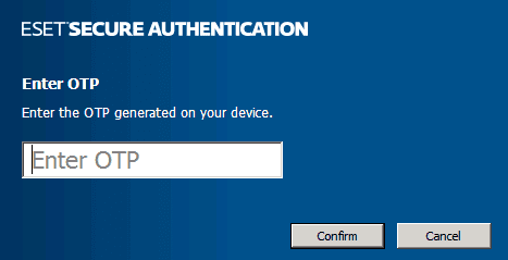 Окно ESET Secure Authentication 2.8 для ввода дополнительного кода подтверждения при доступе к удаленному рабочему столу