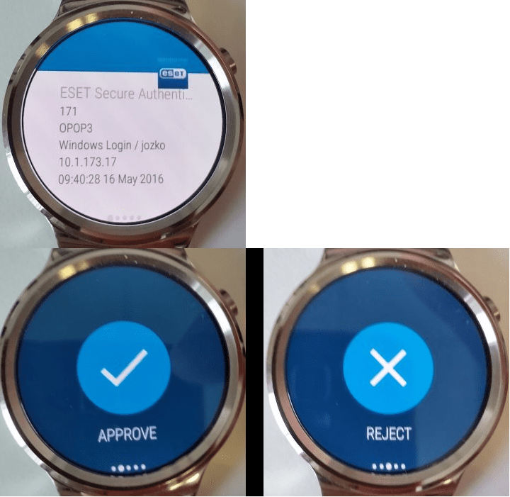 Push‑уведомление в смарт-часах Android (верхний) и подтверждение push‑уведомления (нижний слева) или отклонение push‑уведомления (нижний справа)