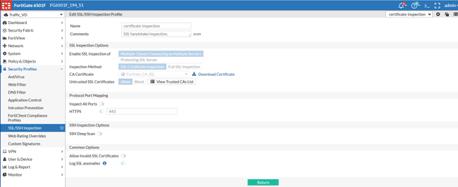 Консоль управления механизмом проверки SSL- и SSH-трафика FortiGate 6300F/6500F