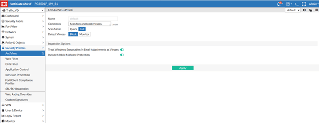 Настройка профиля антивирусной фильтрации FortiGate 6300F/6500F
