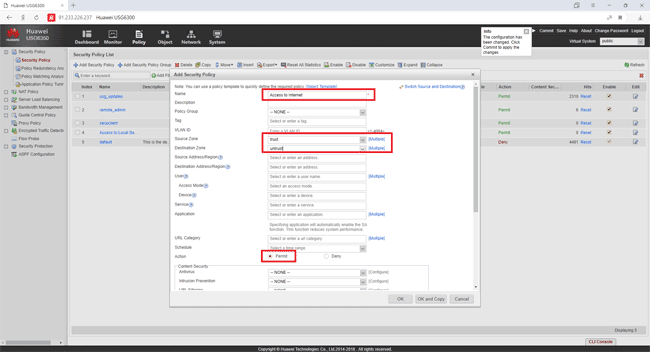Добавление политики доступа пользователей корпоративной сети в интернет в Huawei USG 6350