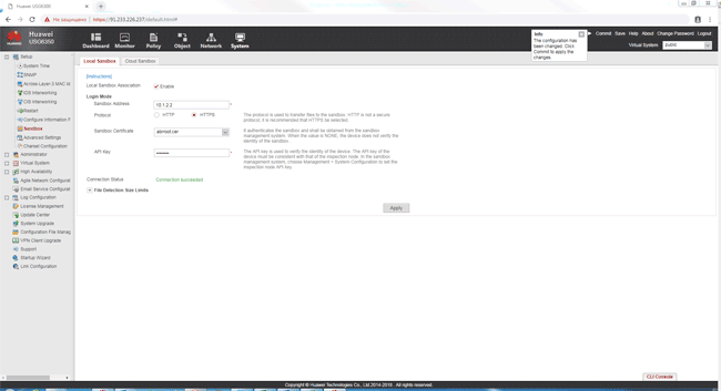 Статус подключения к локальной песочнице в Huawei USG 6350