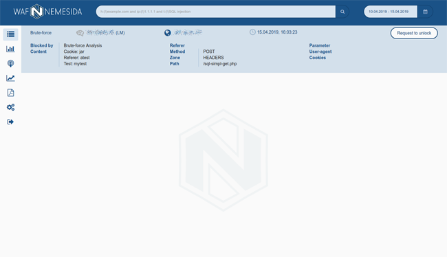 Отображение заблокированной brute-force-атаки в личном кабинете Nemesida WAF