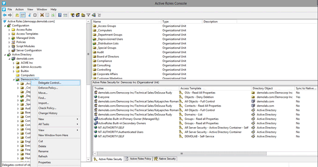 Делегирование прав доступа в MMC-интерфейсе Active Roles