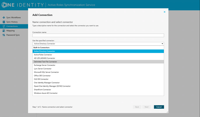 Выбор коннектора в сервисе синхронизации Active Roles Synchronization Service