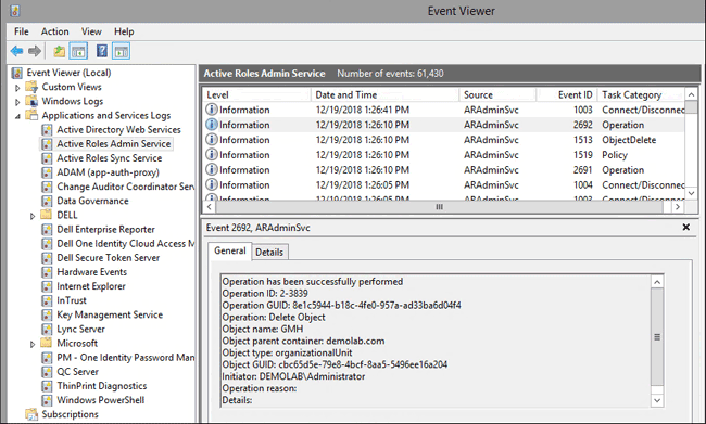 Журнал событий сервиса Active Roles Administration Service в консоли Event Viewer