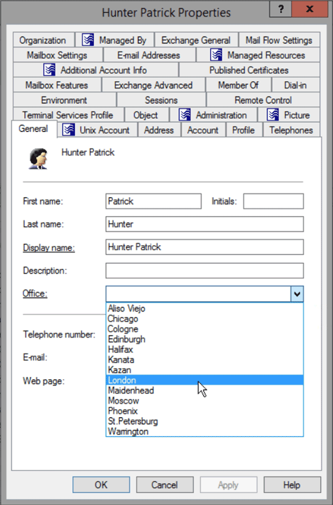 Обзор свойств учетной записи пользователя в MMC-интерфейсе Active Roles