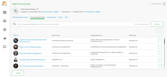 Карточка роли в Solar inRights 2.7.2 (состав пользователей)