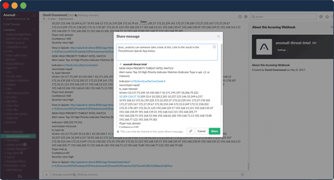 Anomali ThreatStream: интеграция со Slack