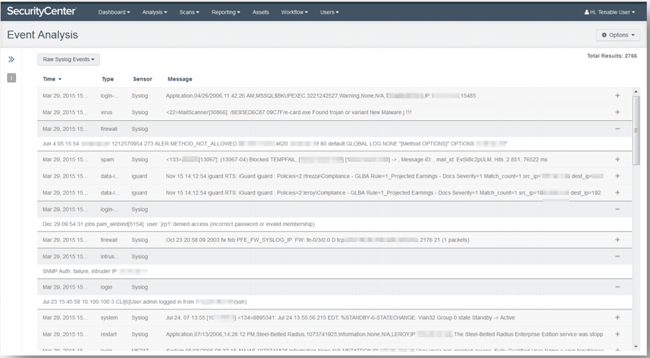 В Tenable SecurityCenter можно просматривать события syslog