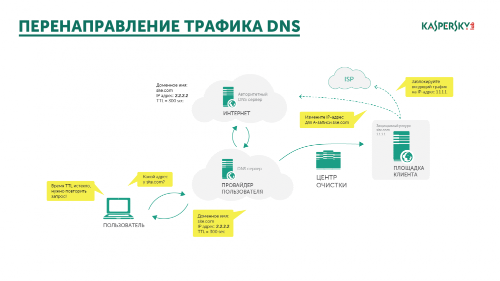 Схема отражения атаки при DNS-варианте управления маршрутом трафика в Kaspersky DDoS Prevention