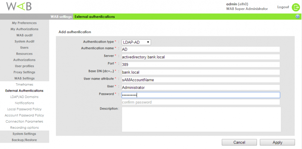 Настройки интеграции Wallix AdminBastion с Active Directory