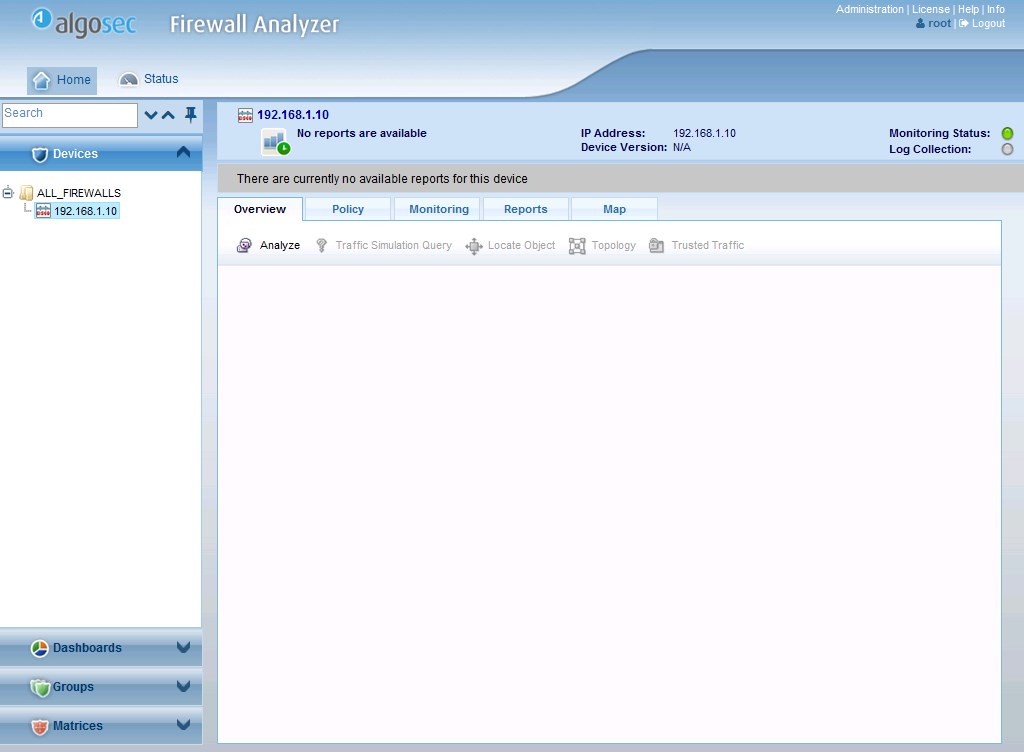 Обзор выбранного устройства до проведения анализа в AlgoSec Firewall Analyzer