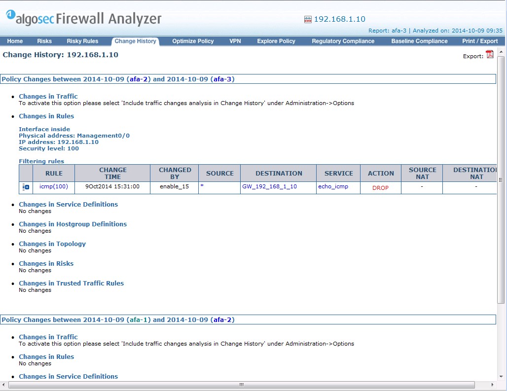 Список изменений в настройках сетевых устройств из отчета AlgoSec Firewall Analyzer